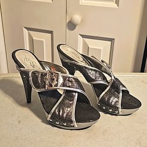 Original Baby Phat Designer Sandals, Sz 8.5, High Heel 3.5", Gray Trim in Silver